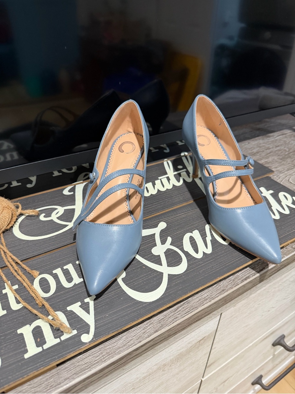 Classic Pointed Mary Jane Pumps in Dusty Blue
